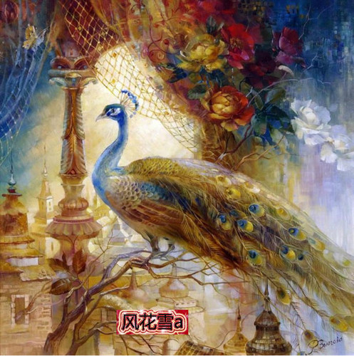 超清晰彩色十字绣重绘图纸/源文件 孔雀与花250-250