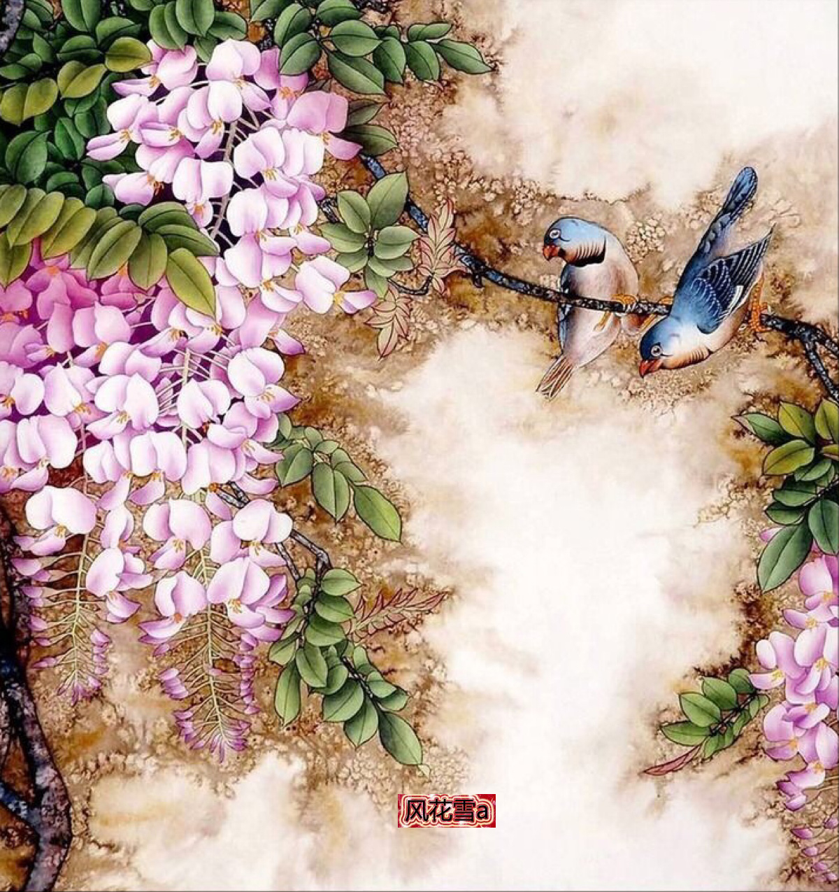 超清晰彩色十字绣重绘图纸/源文件 工笔花鸟紫藤花300 320