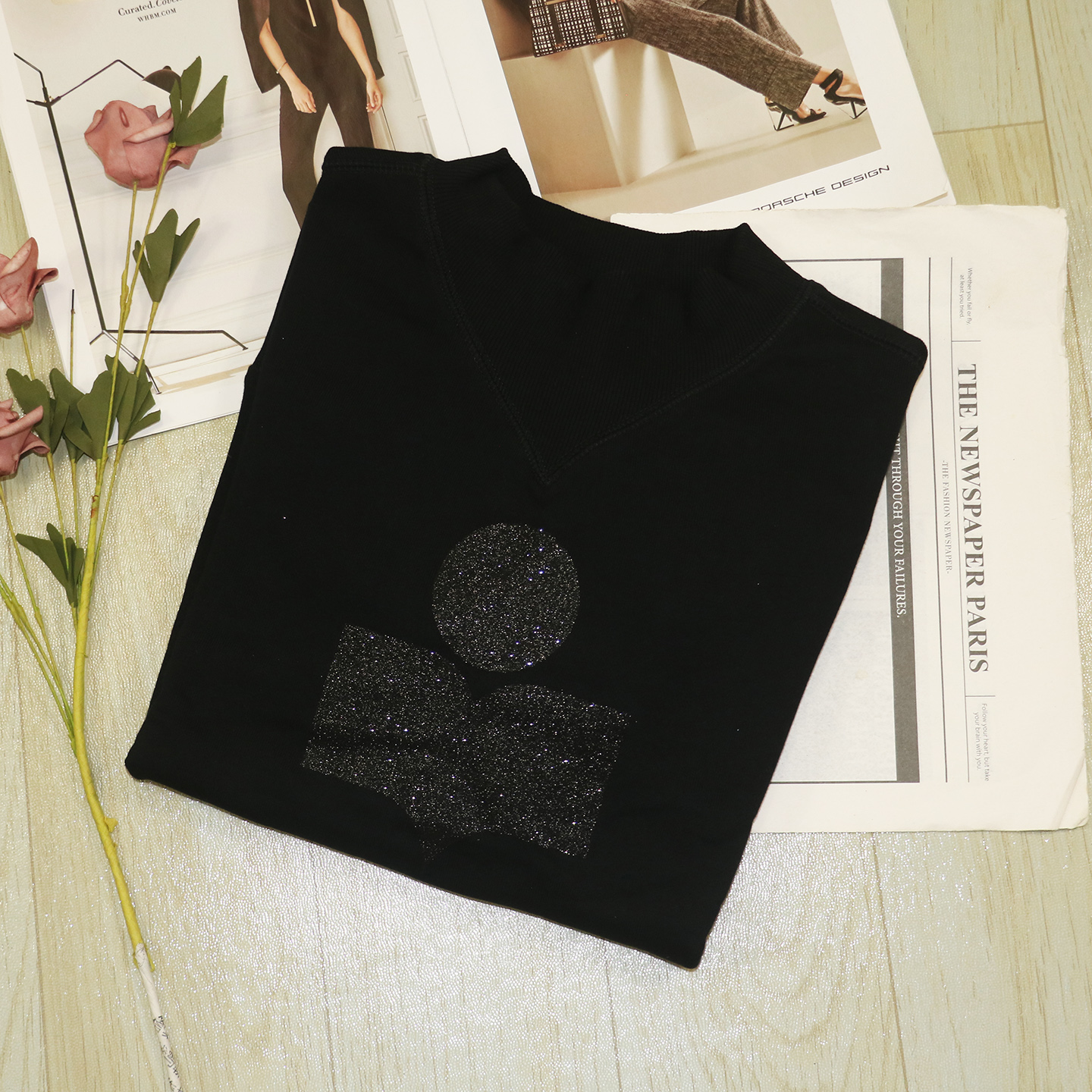 thumbnail for Cross-border supply French casual style gold powder printed cotton terry semi-turtleneck sweatshirt women's autumn jumper