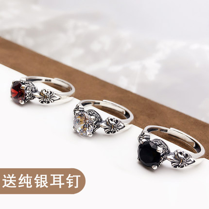 925纯银戒指 皇冠黑玛瑙开口戒子男女情侣款时尚潮人个性复古指环