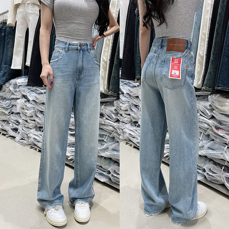 美式口袋磨破窄版高腰阔腿牛仔裤