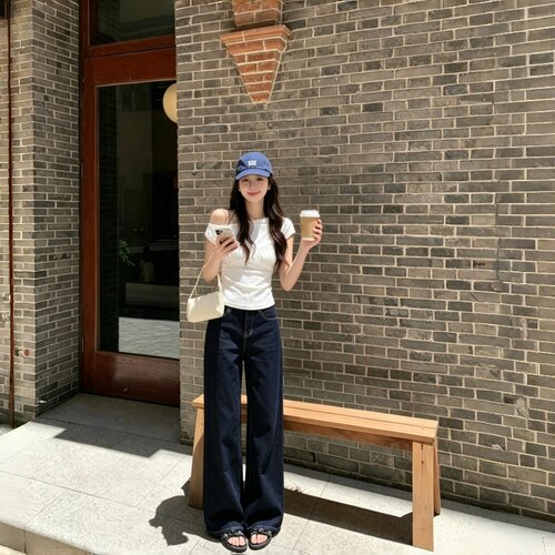 夏薄款丹宁蓝高腰显瘦阔腿牛仔裤