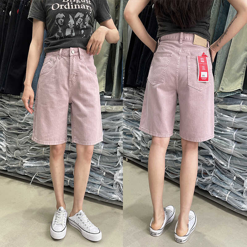 高腰粉色a字夏季阔腿牛仔短裤