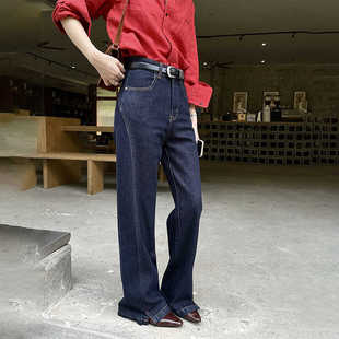 深蓝色侧缝拼接开叉宽松微喇牛仔裤女松弛感美式复古大喇叭拖地裤