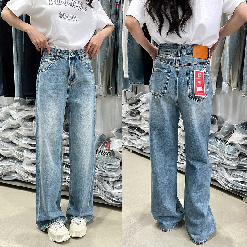 辣妹后腰破洞无弹窄版阔腿牛仔裤