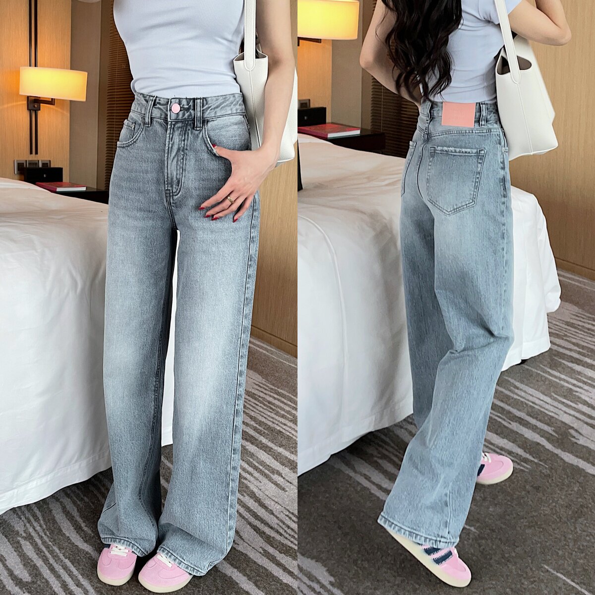 梨型必入粉标浅灰色小个子窄版阔腿牛仔裤女2026春宽松高腰直筒裤