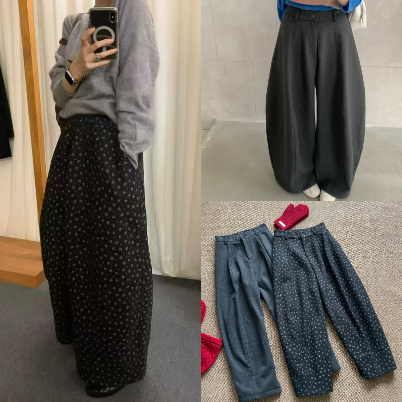 韩版黑灰色碎花加绒弯刀阔腿裤