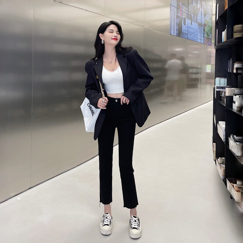 加绒黑色毛边烟管牛仔裤女九分