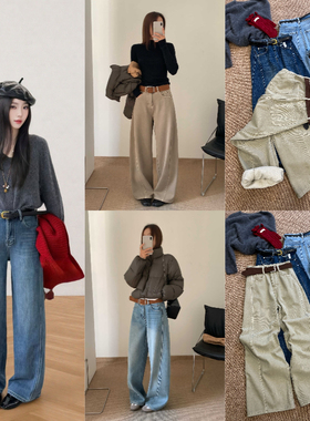 奶茶杏复古绒高腰压线立体阔腿牛仔裤女加绒加厚宽松弯刀裤配腰带