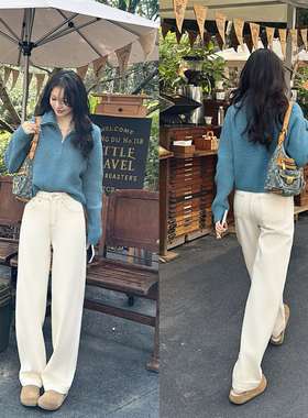 巨修腿型米白色植绒茧型高腰阔腿牛仔裤女加厚一体绒宽松弯刀裤