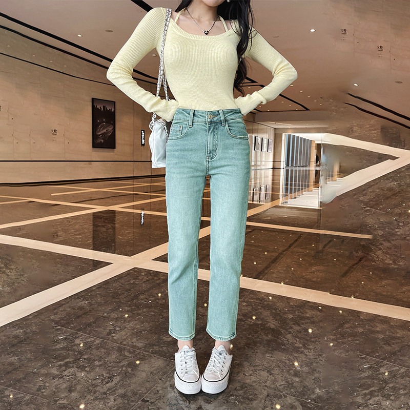 显腿直绿色皮标九分烟管牛仔裤女显瘦小个子怀旧浅蓝色高腰直筒裤