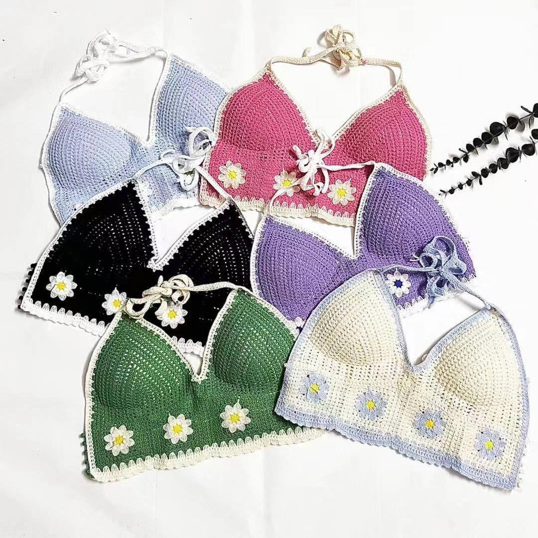 镂空钩花针织挂脖吊带背心女