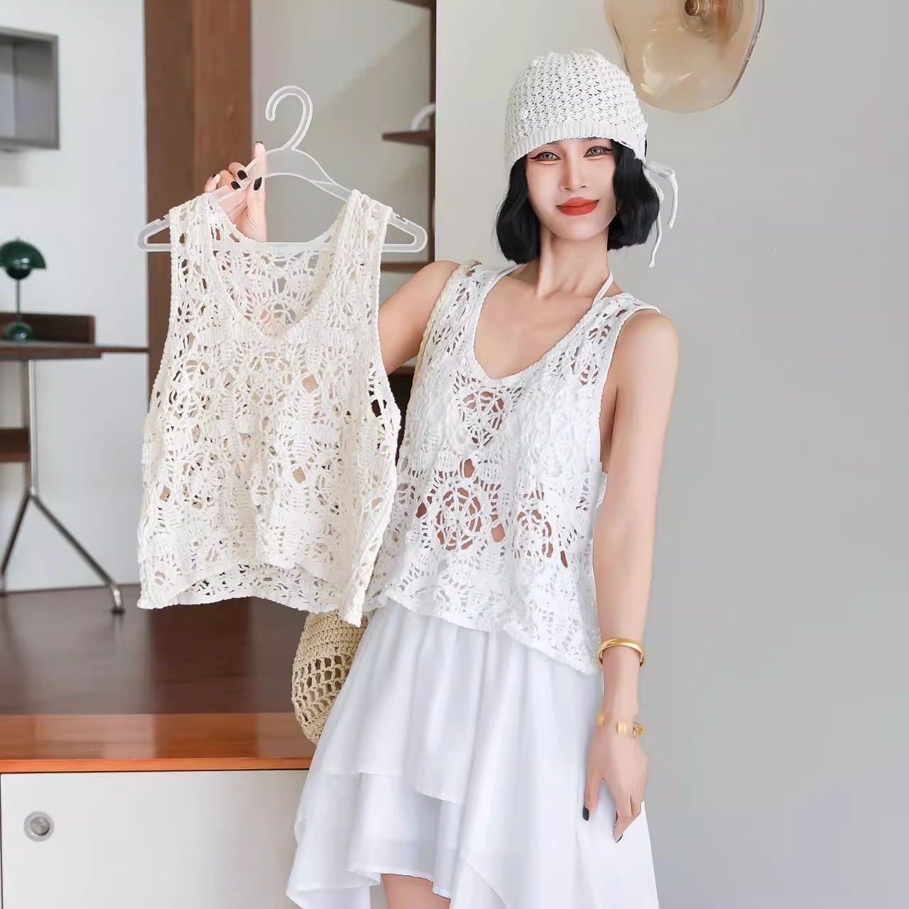 法式复古钩花镂空叠穿吊带背心