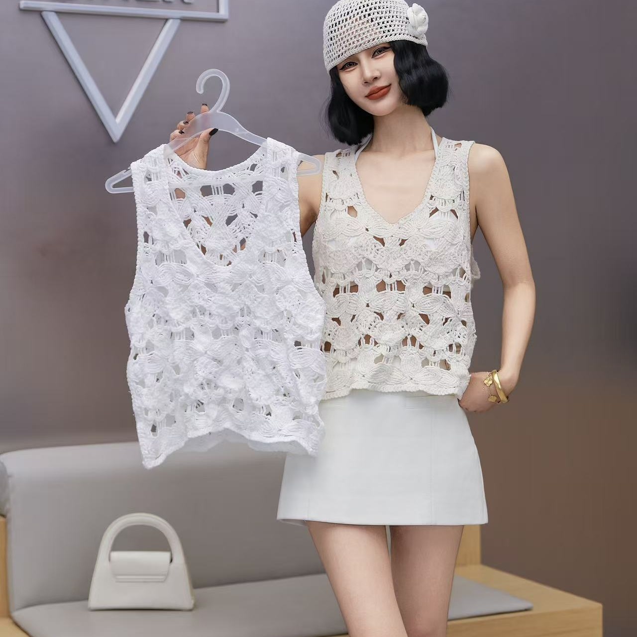 欧式钩花镂空纯棉女背心吊带纯白