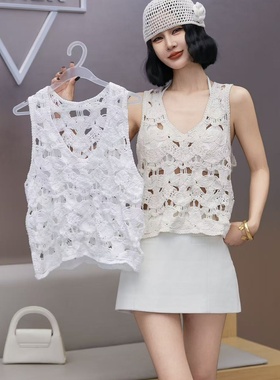 新款欧式钩花镂空纯棉背心吊带女无袖时尚百搭叠穿坎肩纯白色上衣