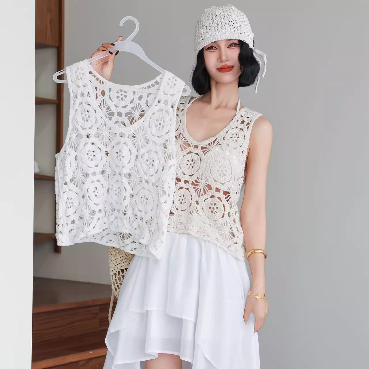 法式钩花镂空纯棉叠穿吊带背心女