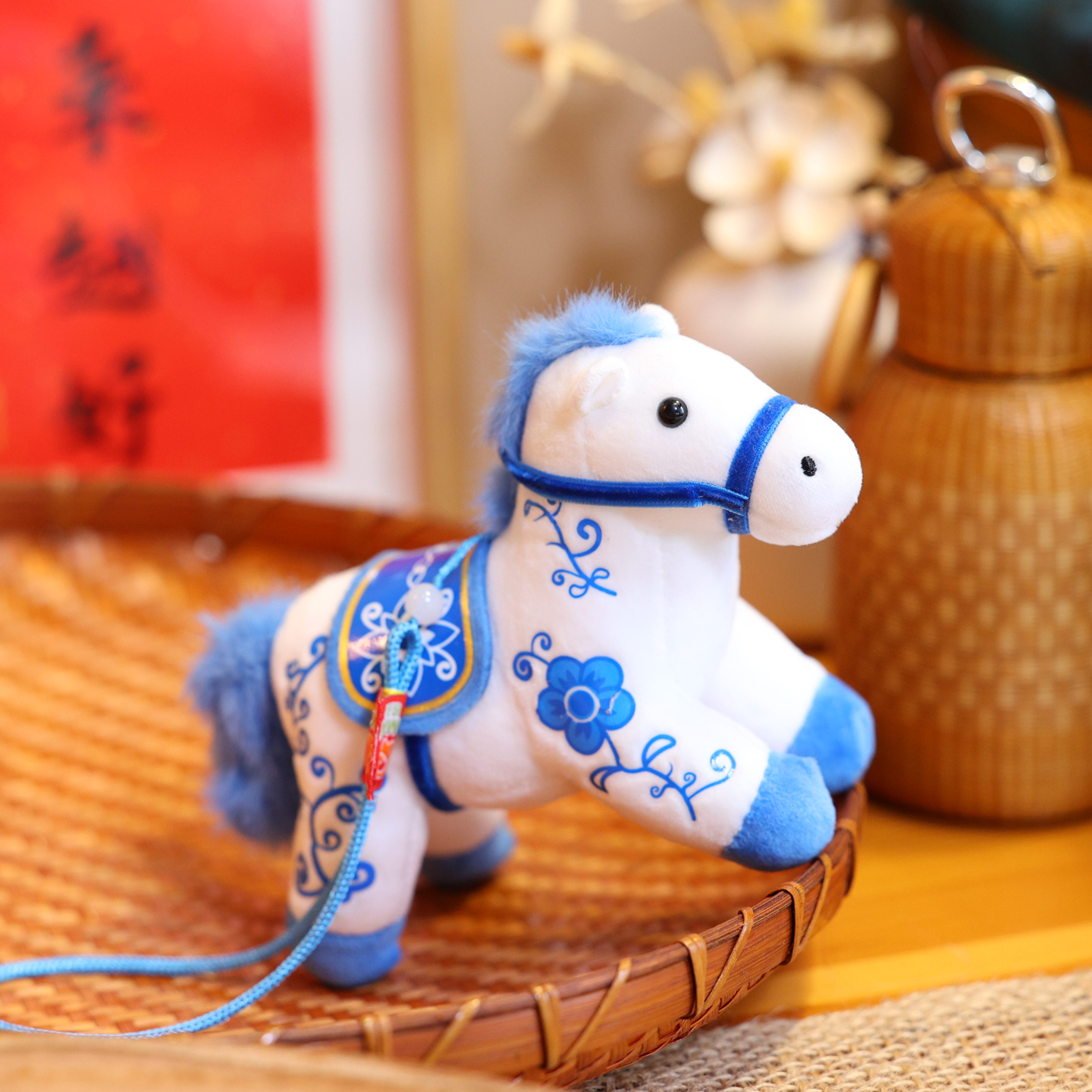 国风青花瓷小马公仔挂件可爱生肖马毛绒玩具马年吉祥物年会礼品