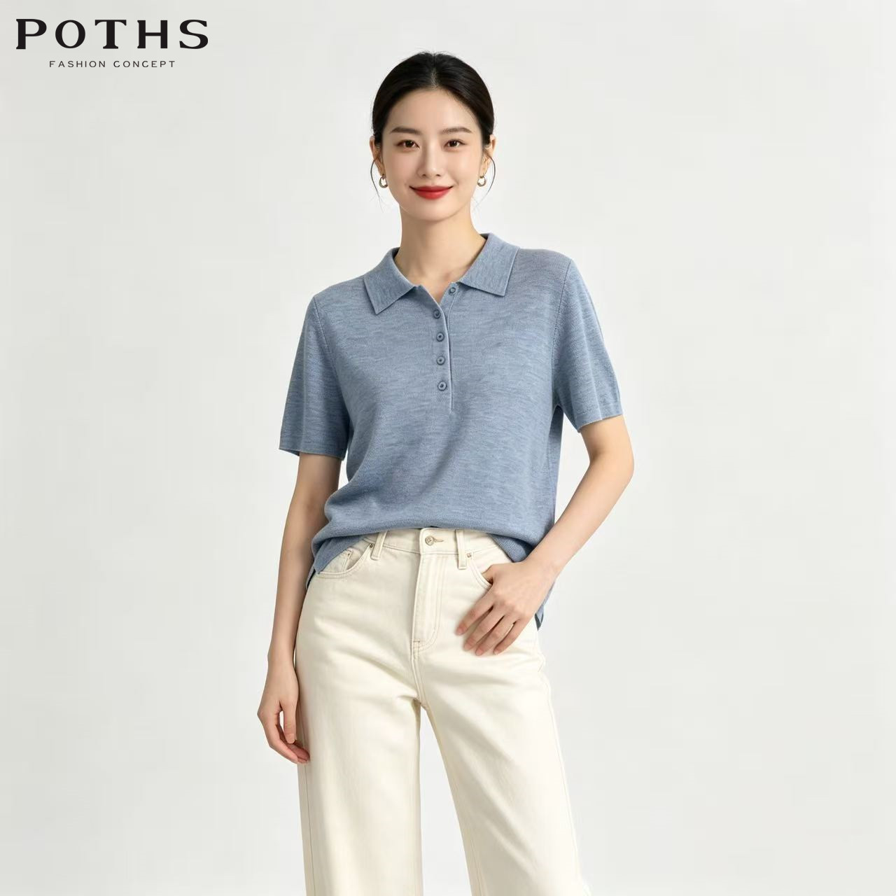 铂玺老钱风POLO领短袖女针织衫