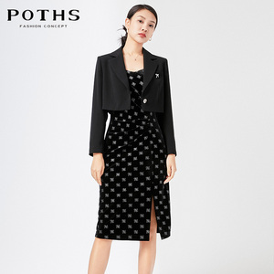 铂玺法式气质显瘦连衣裙2025秋季新复古丝绒吊带裙短外套84005098