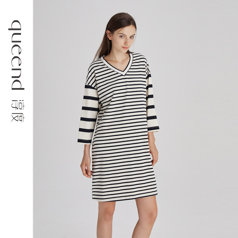 淳度新款黑白条纹睡衣女春秋季纯棉长袖大码睡裙可外穿家居裙,女士内衣/男士内衣/家居服,睡裙,淘宝优惠券,粉丝福利购,淘宝优惠卷