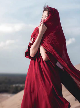 西藏红色围巾女薄沙漠拍照棉麻防晒海边沙滩丝巾旅游披肩纱巾超大