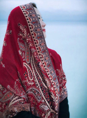 青海湖沙漠旅游围巾女红色民族风披肩外搭夏季防晒空调房拍照丝巾