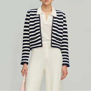 春秋新款 纯棉链条小香风立体肌理感~绞花条纹针织开衫短小外套女