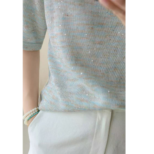 夏季新款康宝莱珠片段染花纱亚麻棉柔软麻爽感透气圆领短袖针织衫