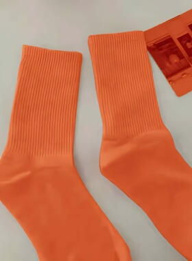 橙色袜子女中筒袜春秋韩版学生外穿纯色百搭长袜冬天日系堆堆袜