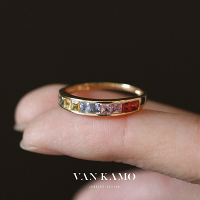 梵无珠宝18k金镶嵌彩色蓝宝石戒指彩虹指环女戒高级