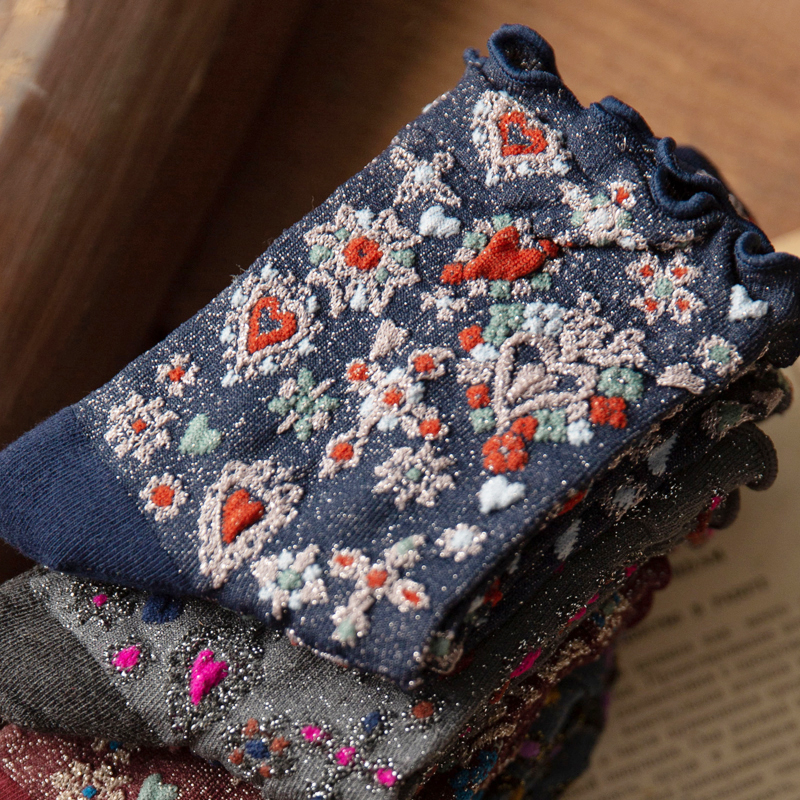 双森系民族风木金银藏青色堆堆袜