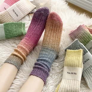 渐变色羊毛袜子女中筒袜秋冬加厚保暖长筒袜冬天彩色外穿网红 韩版