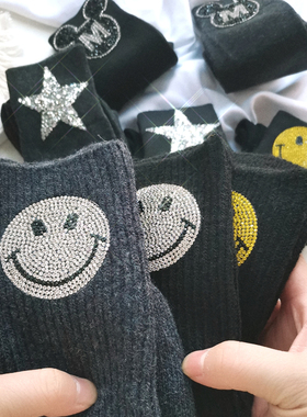 韩版时尚深灰纯黑色棉袜个性网红isn潮烫钻笑脸米奇头中筒堆堆袜