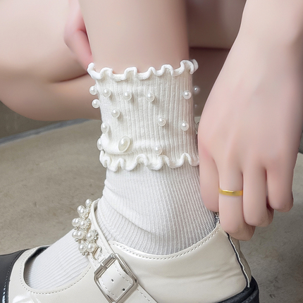 韩版个性时尚珍珠袜子女夏中筒日系木耳花边ins潮百搭甜美堆堆袜