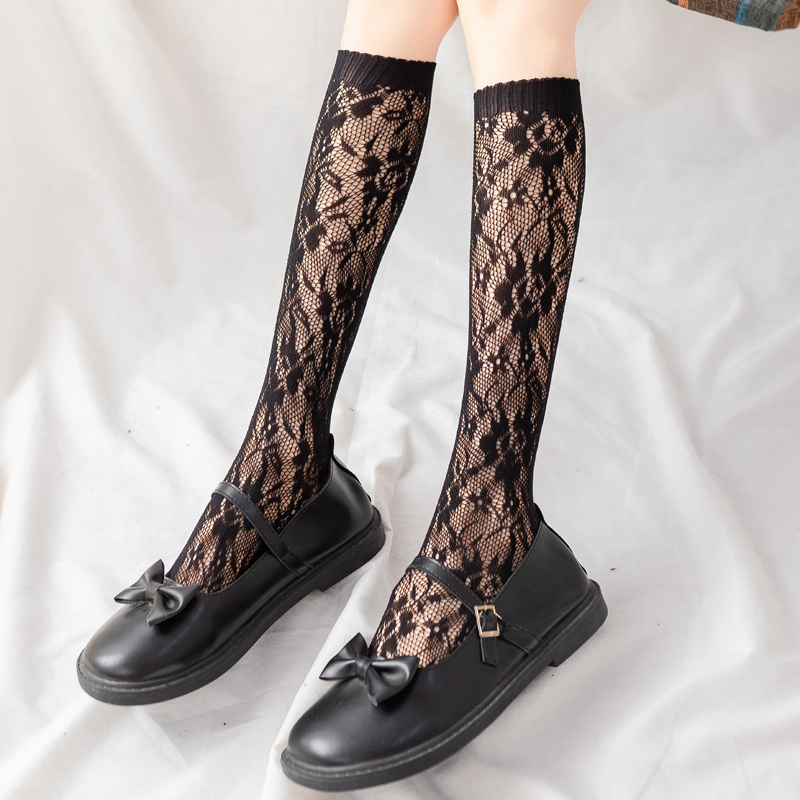潮镂空花卉甜美风罗口网眼小腿袜