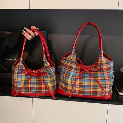 毛呢格子托特包大容量通勤手提包
