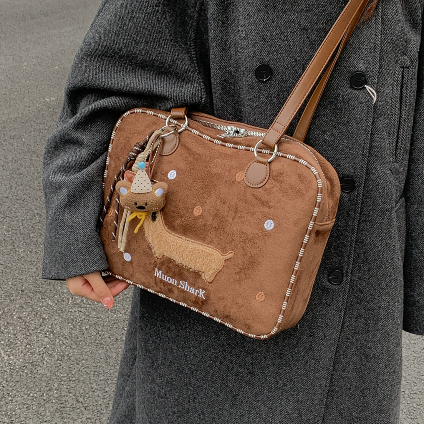 麂皮绒波点大包包女2025新款磨砂腋下托特包秋冬复古腊肠狗双肩包