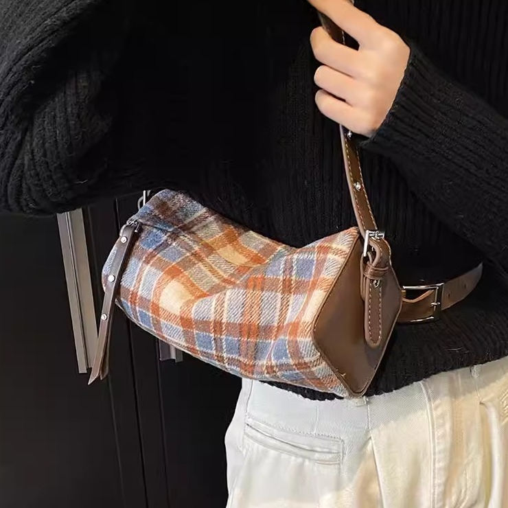 毛呢格子托特包单肩斜挎包