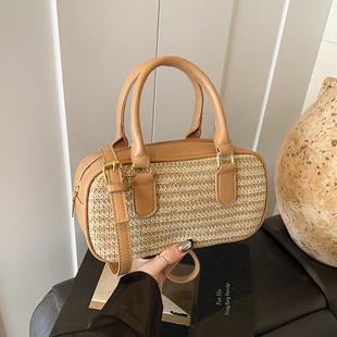 度假风编织小包包女2025新款时尚手提保龄球包夏季流行撞色斜挎包