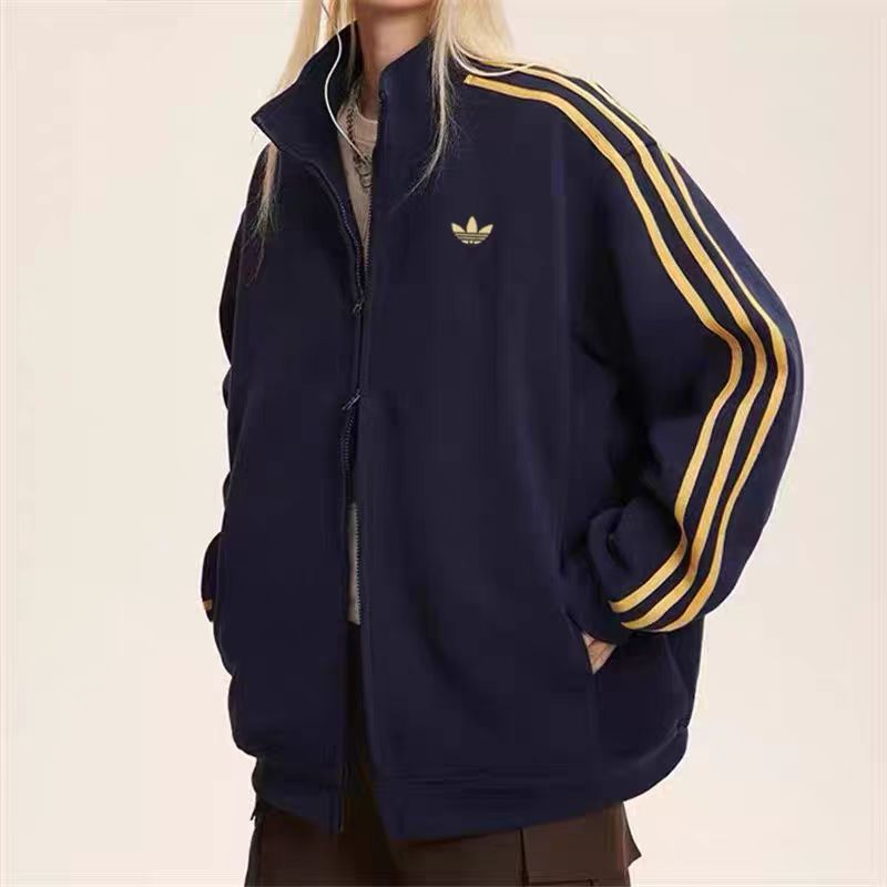 秋冬款三条杠男女加绒夹克运动休闲宽松立领防风外套情侣上衣潮