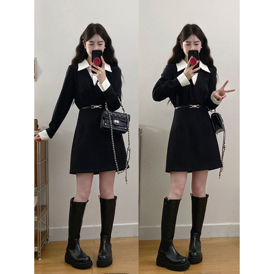 实拍～大码女装秋季撞色Polo领拼接假两件气质藏肉显瘦短款连衣裙