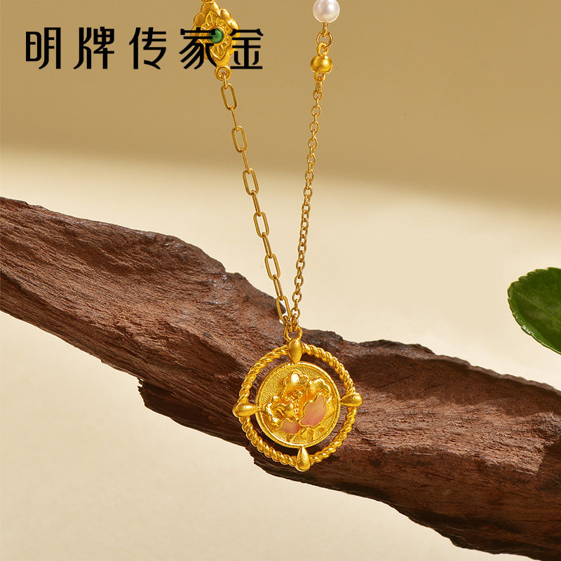 明牌珠宝古法黄金芙蓉娇项链t芙蓉花珍珠套链足金锁骨链AFB0332图片