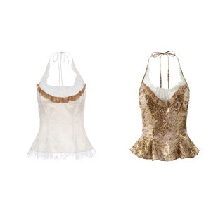 JELLOJELLO25冬超重工荷叶边系带蕾丝装饰钉珠荷叶边挂脖系带上衣