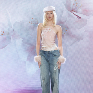 JELLOJELLO2025春夏新款印花烫钻真丝拼接蕾丝挂脖珍珠系带上衣