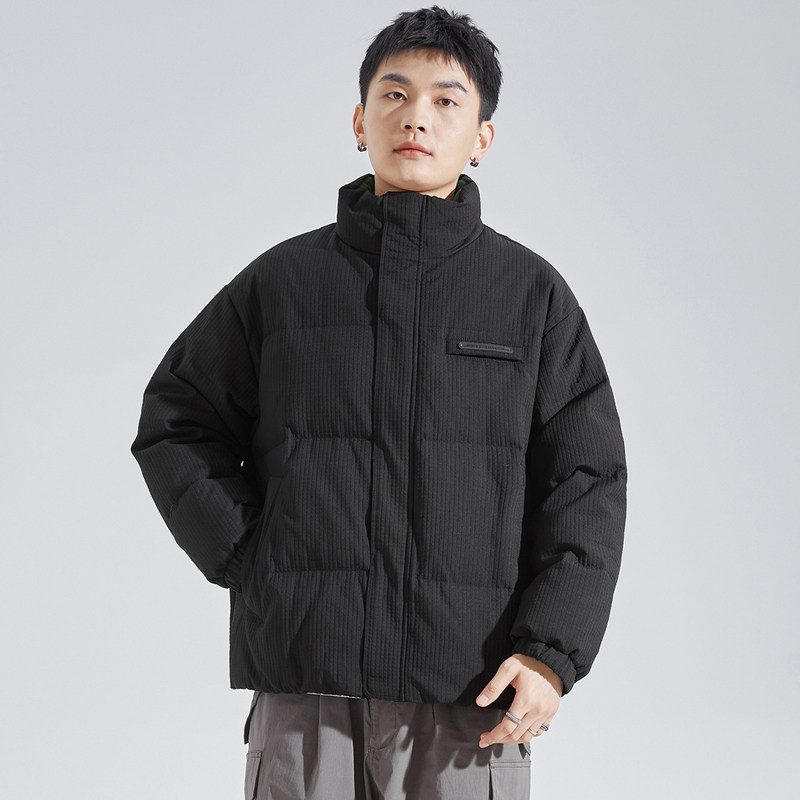 唐狮黑色羽绒服男2024冬季新款潮牌立领宽松肌理感短款男生面包服