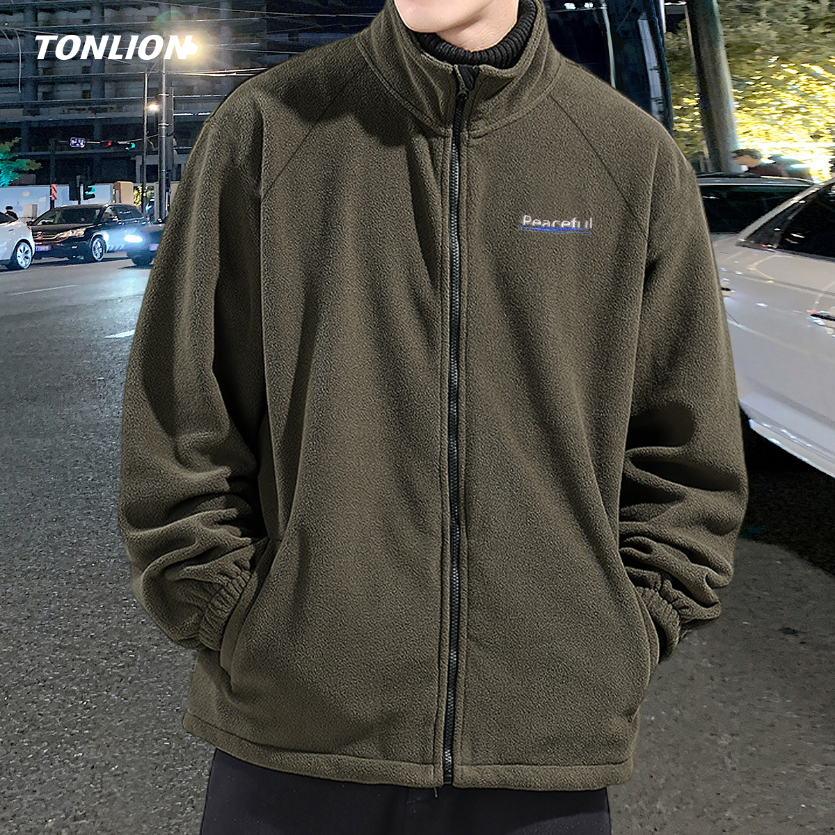 唐狮拼接立领宽松男士摇粒绒外套