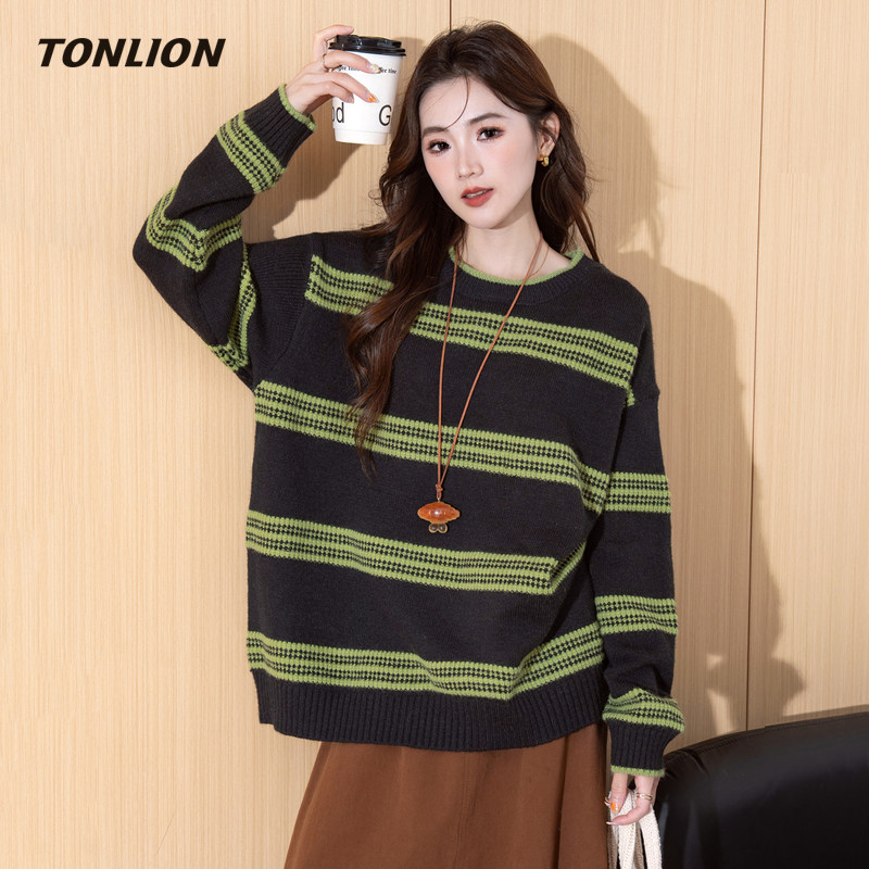 唐狮圆领套头毛衣女款2025冬季新款条纹撞色宽松慵懒高级感针织衫
