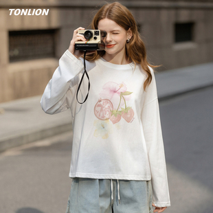唐狮白色长袖T恤女2026春季新款韩版印花宽松圆领设计感别致上衣
