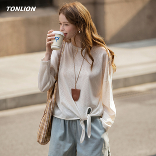 唐狮长袖T恤女2026春季新款时尚心机绑带设计感宽松圆领小众上衣