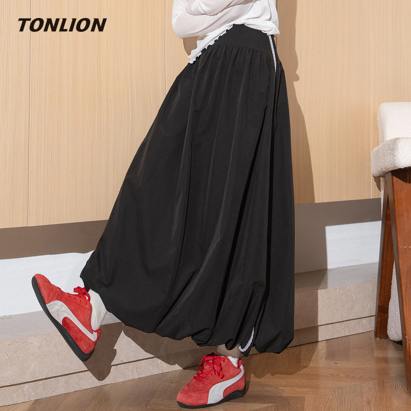 唐狮黑色花苞半身裙女2025冬季新款高腰显瘦高级感a字半身裙长裙